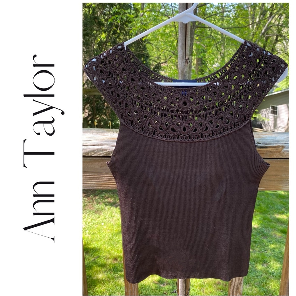Ann Taylor 100% Silk Brown Crochet Sleeveless Top EUC
